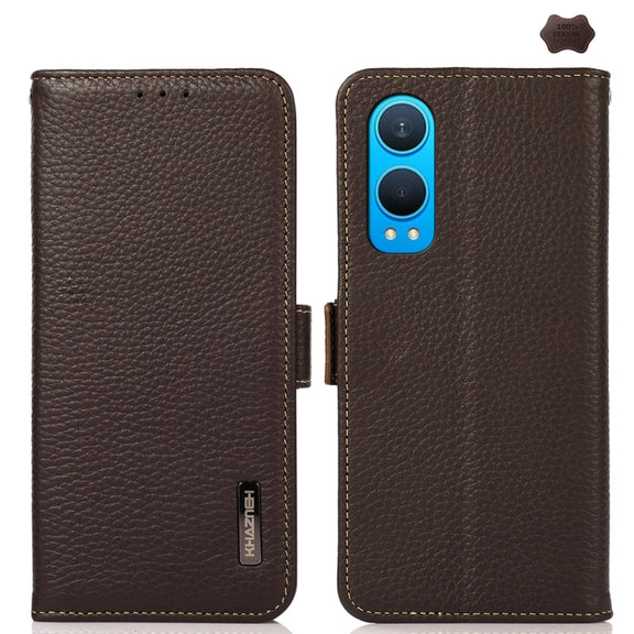 For OnePlus CE4 Lite KHAZNEH Side-Magnetic Litchi Genuine Leather RFID Phone Case(Brown)