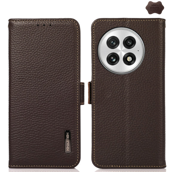 For OnePlus 13 KHAZNEH Side-Magnetic Litchi Genuine Leather RFID Phone Case(Brown)