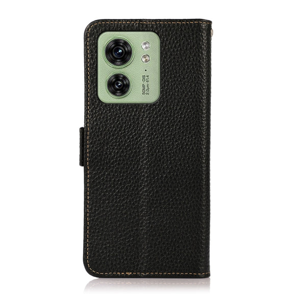 For Motorola Edge 40 KHAZNEH Side-Magnetic Litchi Genuine Leather RFID Phone Case(Black)