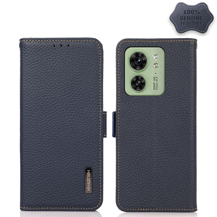 For Motorola Edge 40 KHAZNEH Side-Magnetic Litchi Genuine Leather RFID Phone Case(Blue)