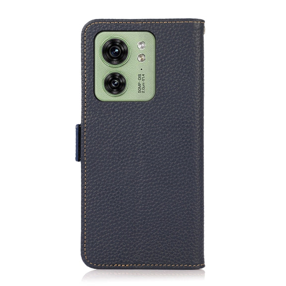 For Motorola Edge 40 KHAZNEH Side-Magnetic Litchi Genuine Leather RFID Phone Case(Blue)