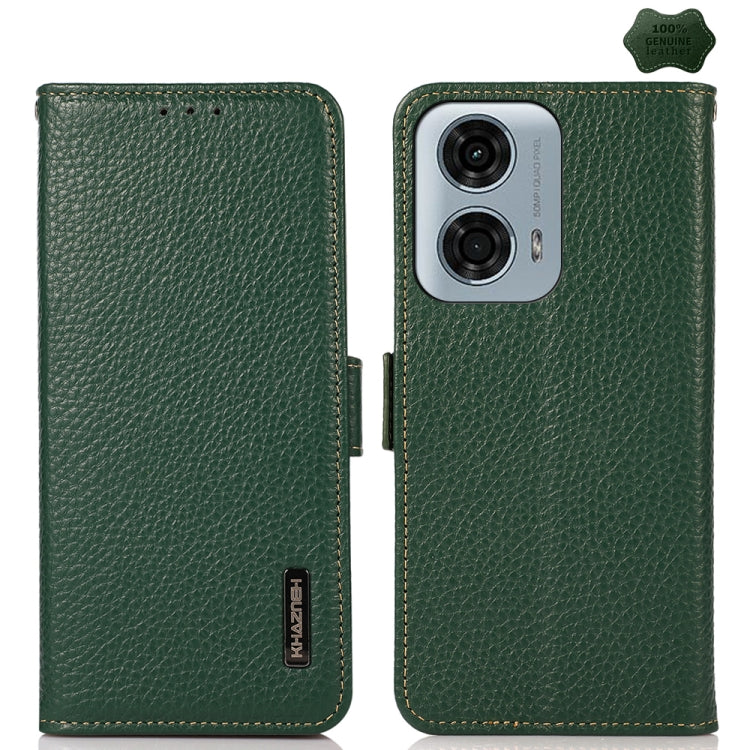 For Motorola Moto G24 KHAZNEH Side-Magnetic Litchi Genuine Leather RFID Phone Case(Green)