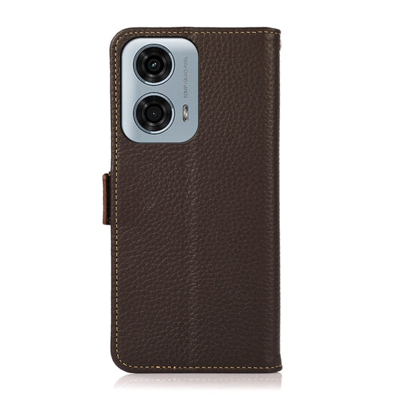 For Motorola Moto G34 KHAZNEH Side-Magnetic Litchi Genuine Leather RFID Phone Case(Brown)