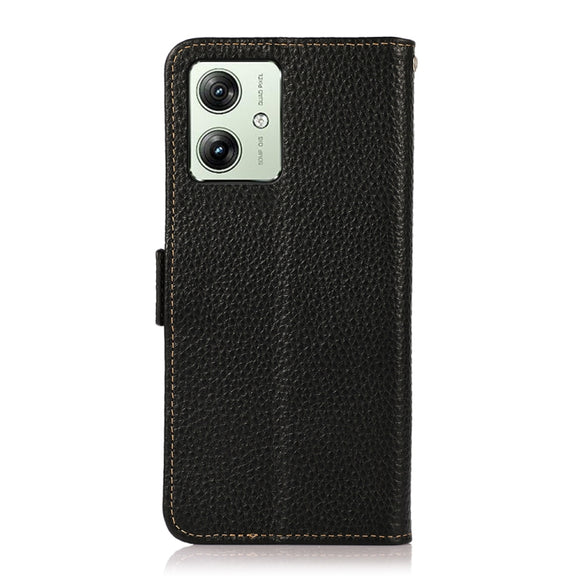 For Motorola Moto G64 5G KHAZNEH Side-Magnetic Litchi Genuine Leather RFID Phone Case(Black)