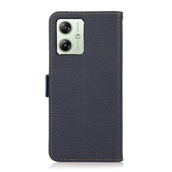 For Motorola Moto G64 5G KHAZNEH Side-Magnetic Litchi Genuine Leather RFID Phone Case(Blue)