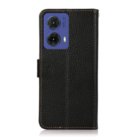 For Motorola Moto G85 KHAZNEH Side-Magnetic Litchi Genuine Leather RFID Phone Case(Black)