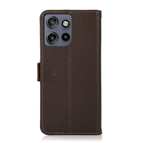 For Motorola Edge 50 5G KHAZNEH Side-Magnetic Litchi Genuine Leather RFID Phone Case(Brown)
