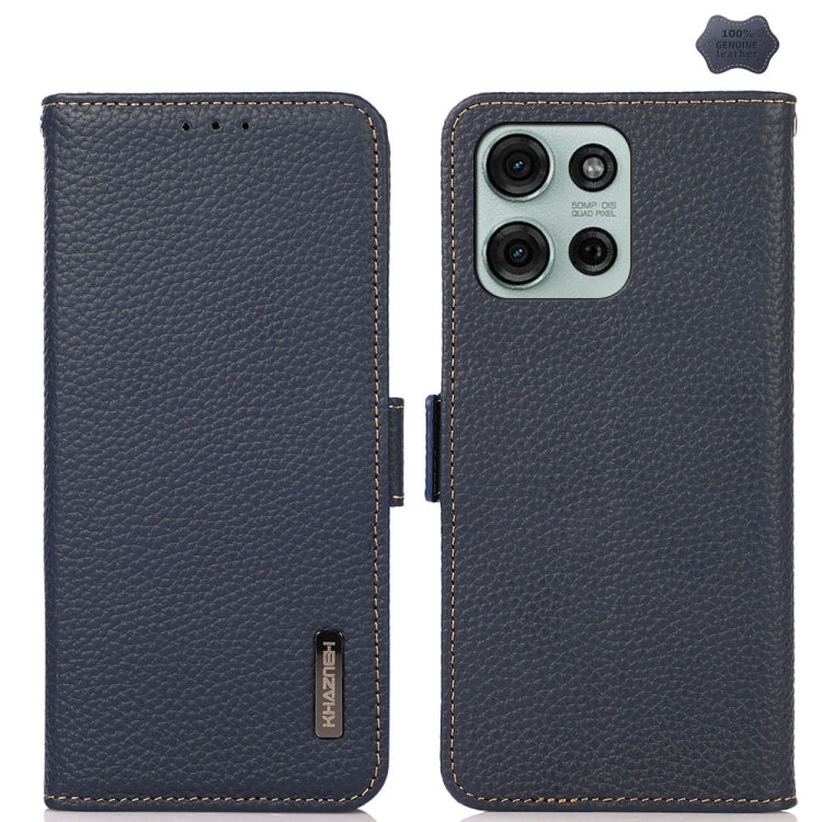 For Motorola Moto G75 5G KHAZNEH Side-Magnetic Litchi Genuine Leather RFID Phone Case(Blue)