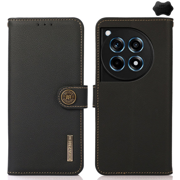 For OnePlus 12R KHAZNEH Custer Genuine Leather RFID Phone Case(Black)