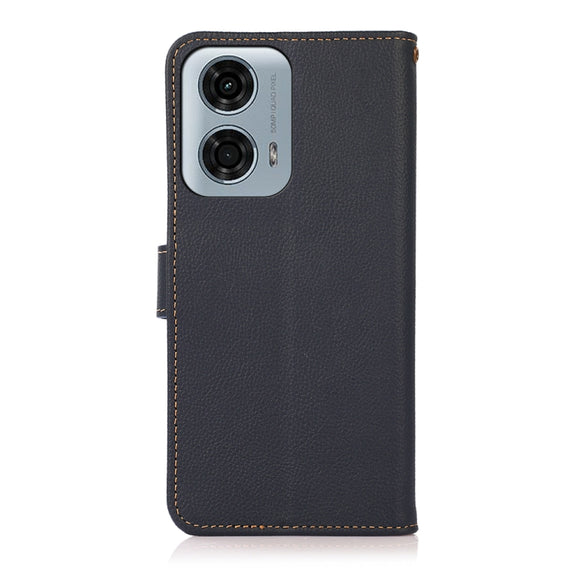 For Motorola Moto G34 KHAZNEH Custer Genuine Leather RFID Phone Case(Blue)