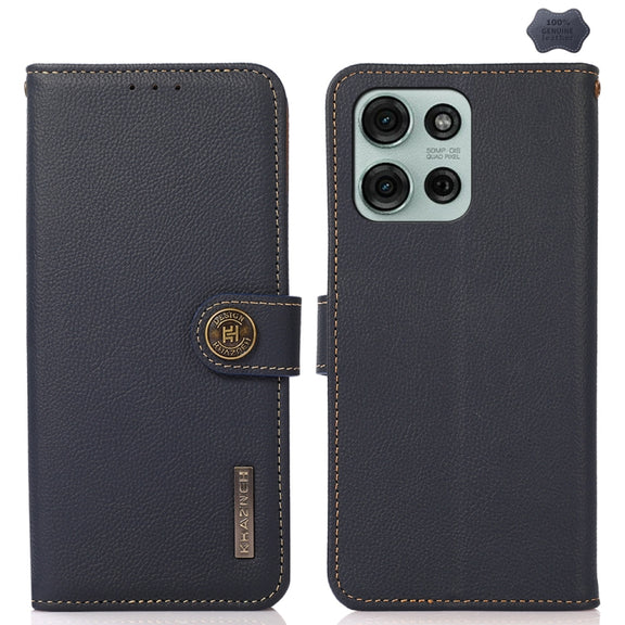 For Motorola Moto G75 5G KHAZNEH Custer Genuine Leather RFID Phone Case(Blue)