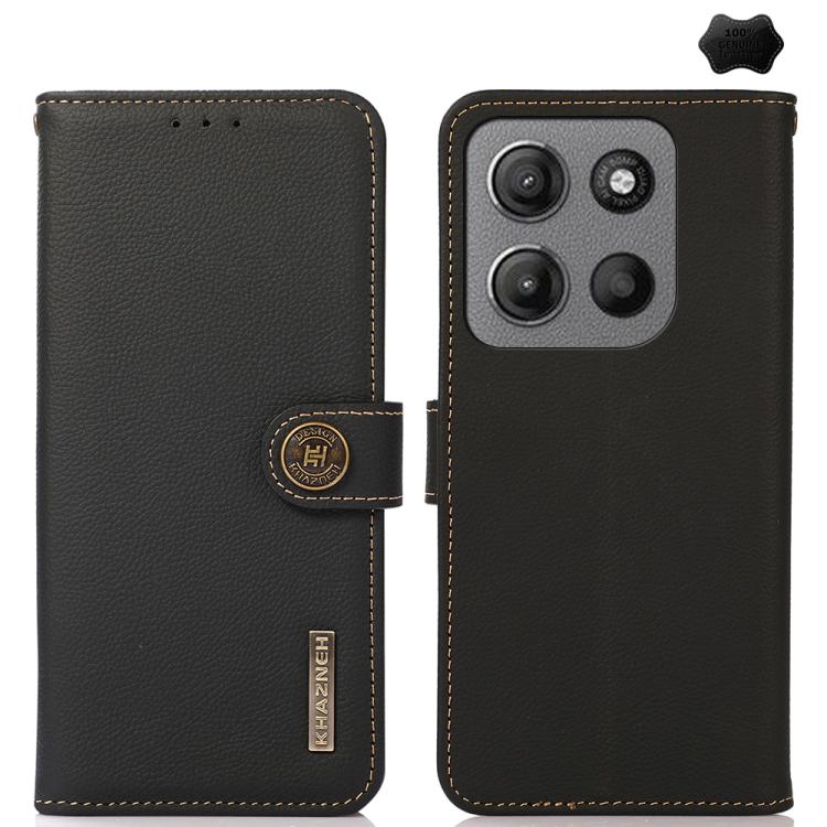 For Motorola Moto G15 4G KHAZNEH Custer Genuine Leather RFID Phone Case(Black)