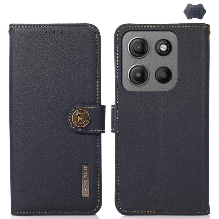 For Motorola Moto G15 4G KHAZNEH Custer Genuine Leather RFID Phone Case(Blue)
