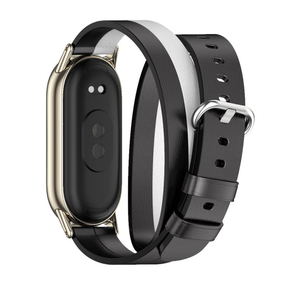 For Xiaomi Mi Band 8 / 9 / 9 NFC Mijobs Double-Loop Leather Watch Band(Black+White+Light Gold)