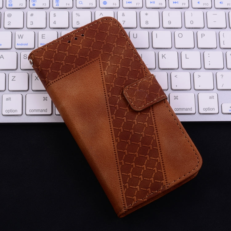 For iPhone 16 Seven-shaped Embossed Leather Phone Case(Brown)