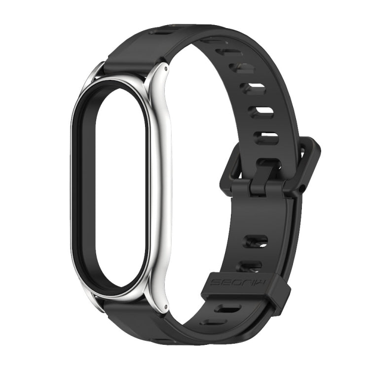 For Xiaomi Mi Band 8 Mijobs Plus Case Flat Hole Silicone Watch Band(Black Silver)