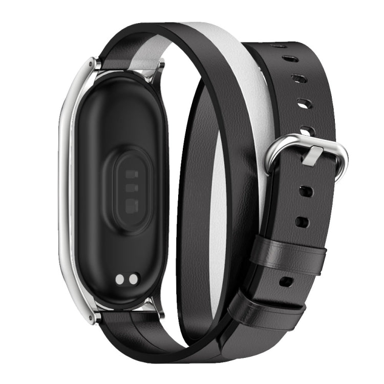 For Xiaomi Mi Band 8 Mijobs Plus Case Double-Loop Leather Watch Band(Black+White+Silver)