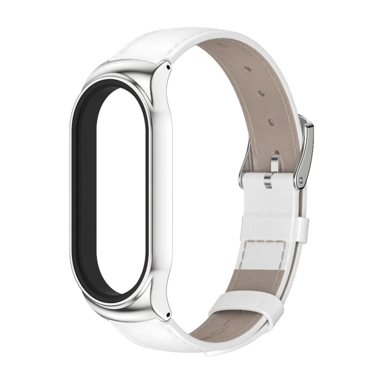 For Xiaomi Mi Band 8 Mijobs CS Case Genuine Leather Top Layer Cowhide Watch Band(White Silver)