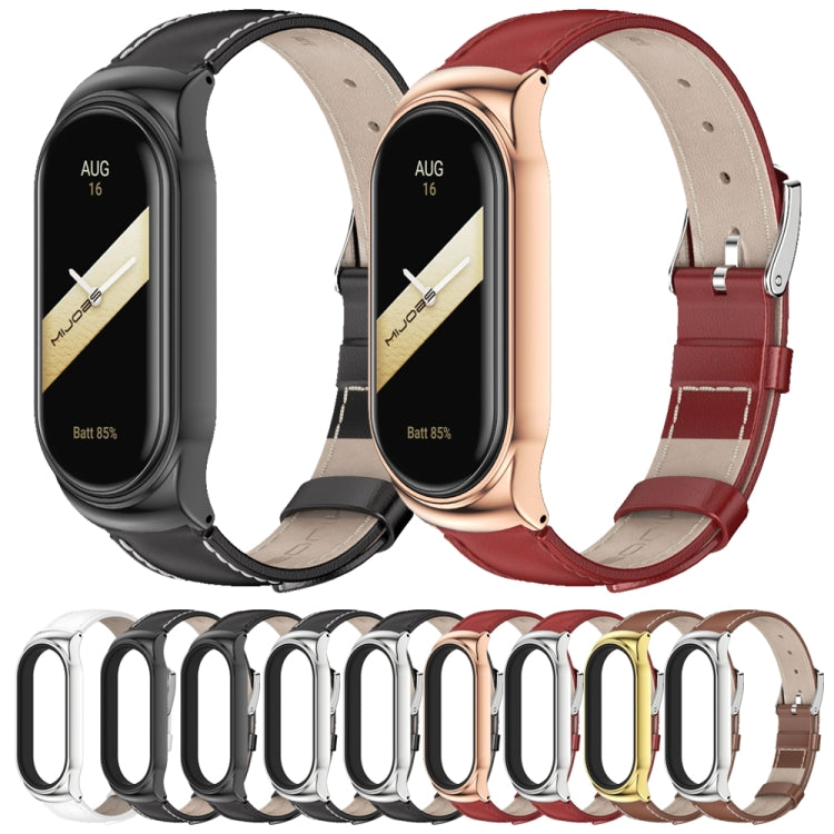 For Xiaomi Mi Band 8 Mijobs CS Case Genuine Leather Top Layer Cowhide Watch Band(Red Silver)