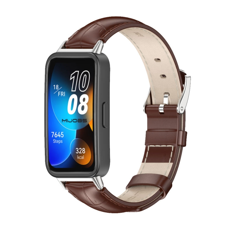 For Huawei Band 8 / 9 / 10 Mijobs Cowhide Leather Watch Band(Bamboo Coffee Silver)