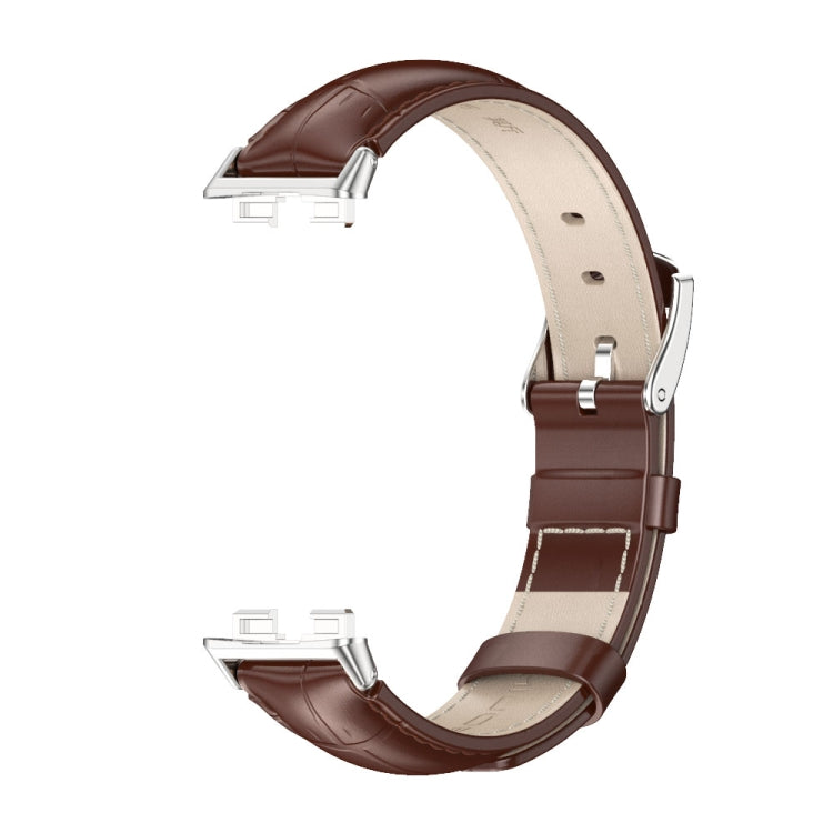 For Huawei Band 8 / 9 / 10 Mijobs Cowhide Leather Watch Band(Bamboo Coffee Silver)