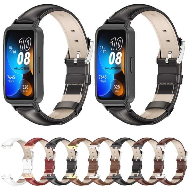 For Huawei Band 8 / 9 / 10 Mijobs Cowhide Leather Watch Band(Brown Silver)