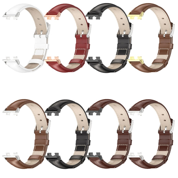 For Huawei Band 8 / 9 / 10 Mijobs Cowhide Leather Watch Band(Bamboo Coffee Silver)