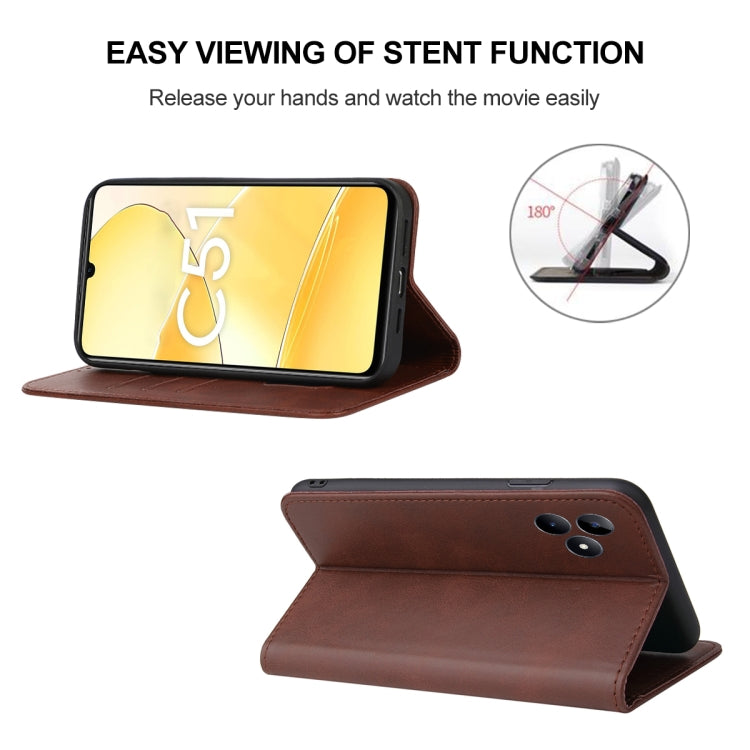 For Realme C51 Magnetic Closure Leather Phone Case(Brown)