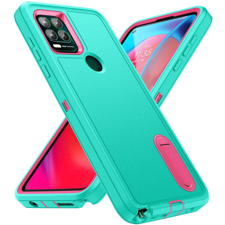 For Motorola Moto G Stylus 5G Rugged PC + Silicone Phone Case with Holder(Light Green+Rose Red)