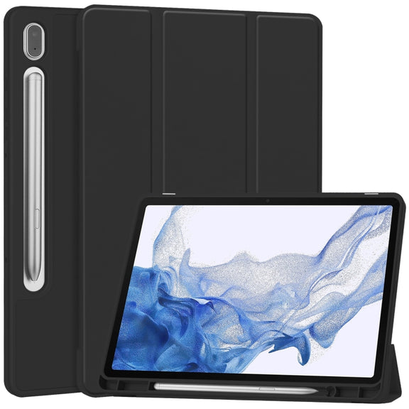 For Samsung Galaxy Tab S9 3-Fold Pure Color TPU Smart Leather Tablet Case with Pen Slot(Black)