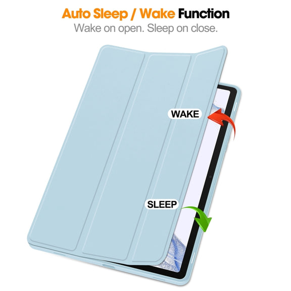 For Samsung Galaxy Tab S9 3-Fold Pure Color TPU Smart Leather Tablet Case with Pen Slot(Light Blue)