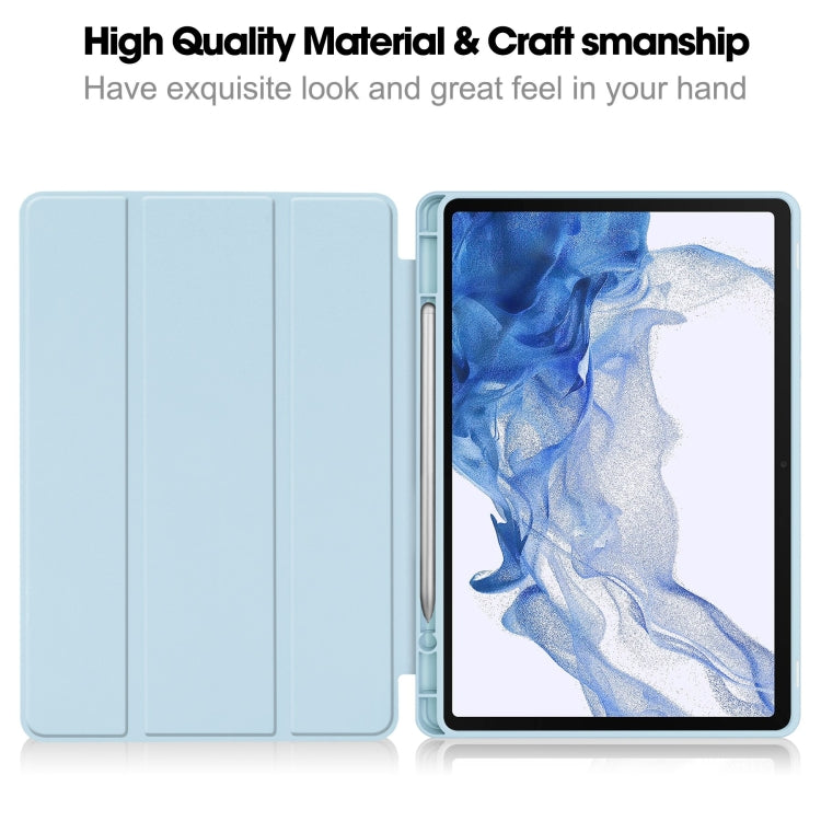 For Samsung Galaxy Tab S9 3-Fold Pure Color TPU Smart Leather Tablet Case with Pen Slot(Light Blue)