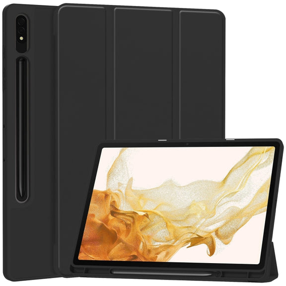 For Samsung Galaxy Tab S9+ 3-Fold Pure Color TPU Smart Leather Tablet Case with Pen Slot(Black)