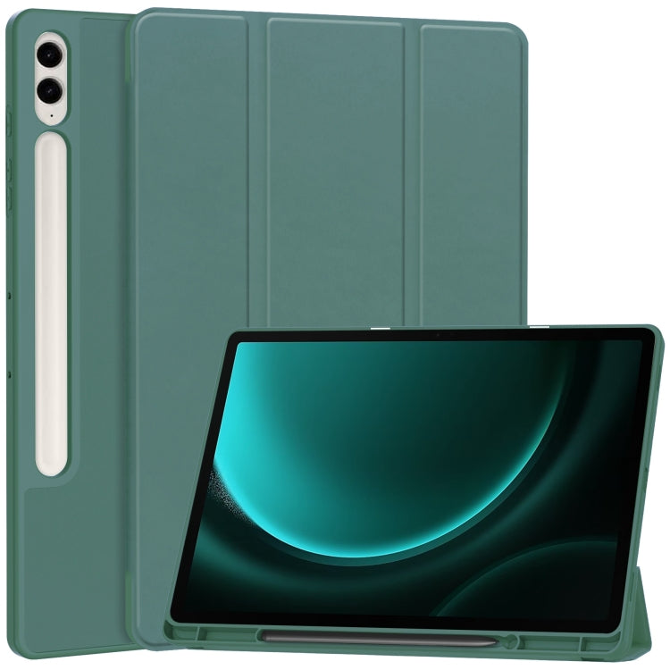 For Samsung Galaxy Tab S9 FE+ 3-Fold Pure Color TPU Smart Leather Tablet Case with Pen Slot(Dark Green)