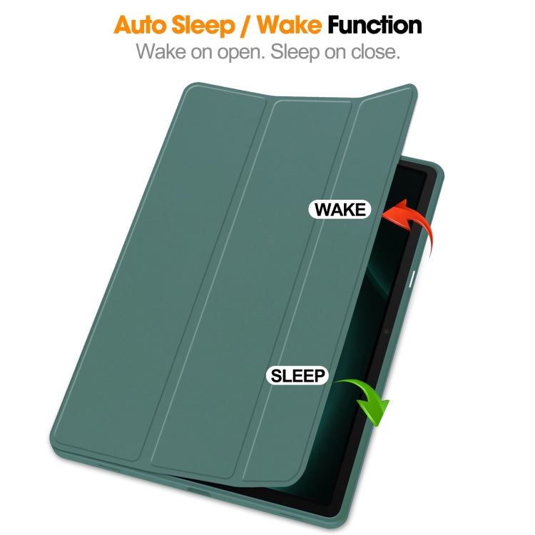 For Samsung Galaxy Tab S9 FE+ 3-Fold Pure Color TPU Smart Leather Tablet Case with Pen Slot(Dark Green)