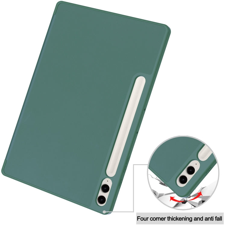For Samsung Galaxy Tab S9 FE+ 3-Fold Pure Color TPU Smart Leather Tablet Case with Pen Slot(Dark Green)