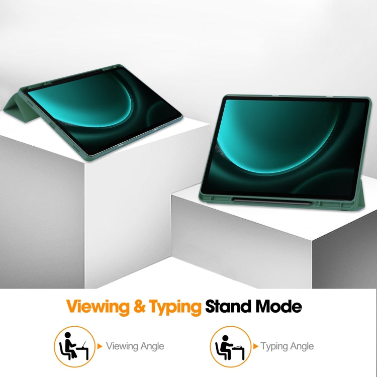 For Samsung Galaxy Tab S9 FE+ 3-Fold Pure Color TPU Smart Leather Tablet Case with Pen Slot(Dark Green)