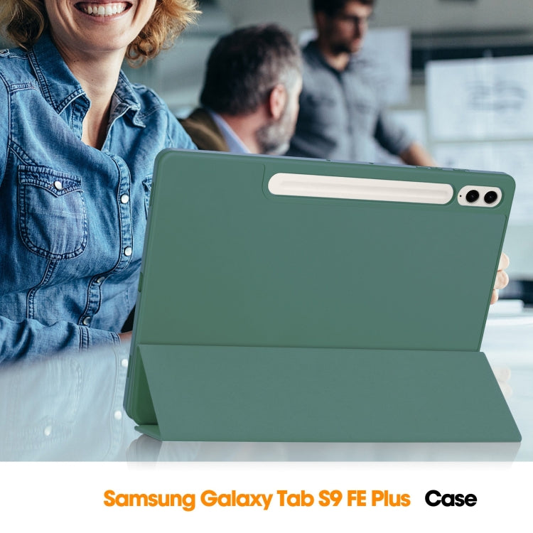 For Samsung Galaxy Tab S9 FE+ 3-Fold Pure Color TPU Smart Leather Tablet Case with Pen Slot(Dark Green)
