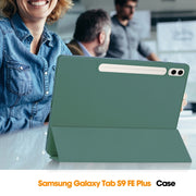 For Samsung Galaxy Tab S9 FE+ 3-Fold Pure Color TPU Smart Leather Tablet Case with Pen Slot(Dark Green)