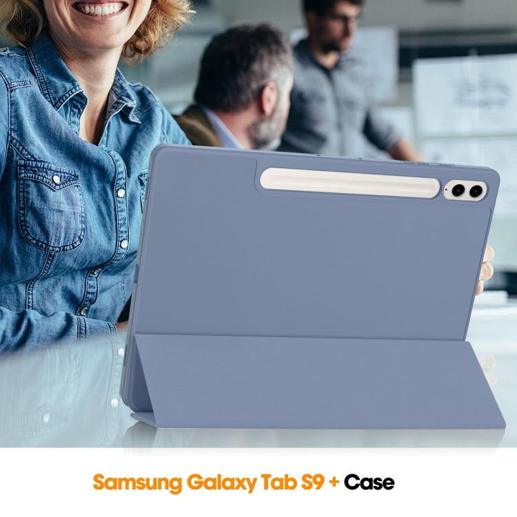 For Samsung Galaxy Tab S9 FE+ 3-Fold Pure Color TPU Smart Leather Tablet Case with Pen Slot(Lavender)