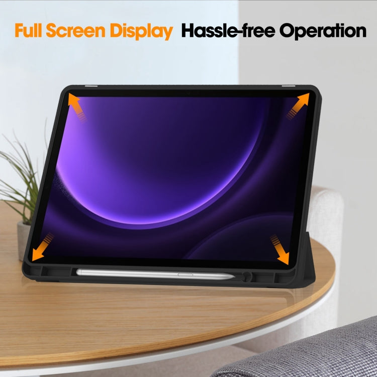 For Samsung Galaxy Tab S9 FE 3-Fold Pure Color TPU Smart Leather Tablet Case with Pen Slot(Black)