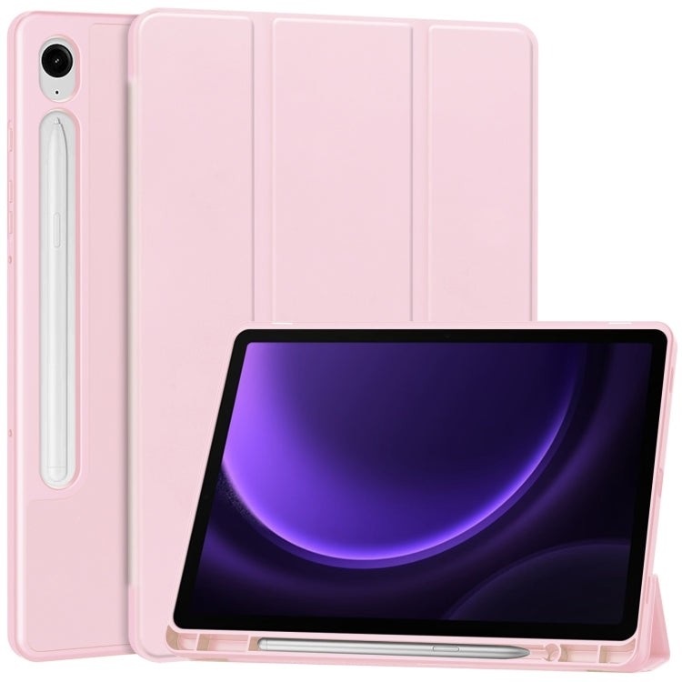 For Samsung Galaxy Tab S9 FE 3-Fold Pure Color TPU Smart Leather Tablet Case with Pen Slot(Pink)