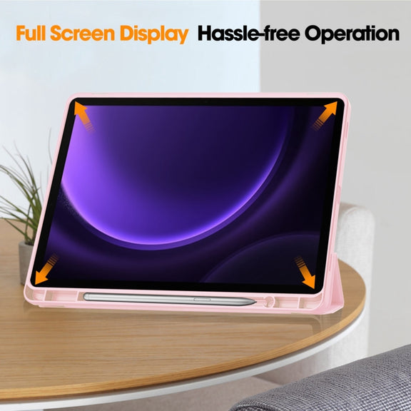 For Samsung Galaxy Tab S9 FE 3-Fold Pure Color TPU Smart Leather Tablet Case with Pen Slot(Pink)