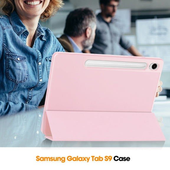 For Samsung Galaxy Tab S9 FE 3-Fold Pure Color TPU Smart Leather Tablet Case with Pen Slot(Pink)