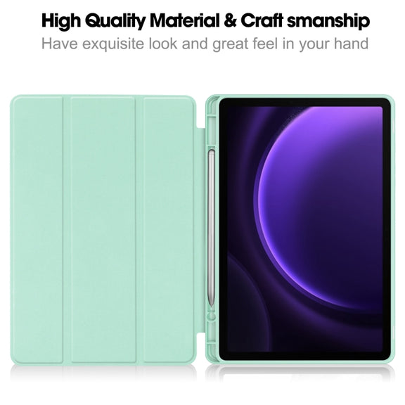 For Samsung Galaxy Tab S9 FE 3-Fold Pure Color TPU Smart Leather Tablet Case with Pen Slot(Mint Green)