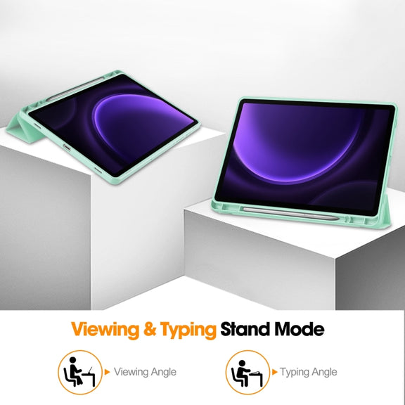 For Samsung Galaxy Tab S9 FE 3-Fold Pure Color TPU Smart Leather Tablet Case with Pen Slot(Mint Green)