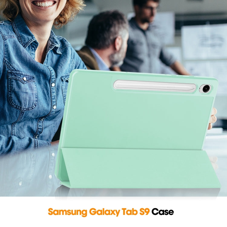 For Samsung Galaxy Tab S9 FE 3-Fold Pure Color TPU Smart Leather Tablet Case with Pen Slot(Mint Green)