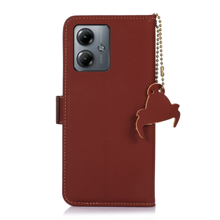 For Motorola Moto G14 4G Genuine Leather Magnetic RFID Leather Phone Case(Coffee)