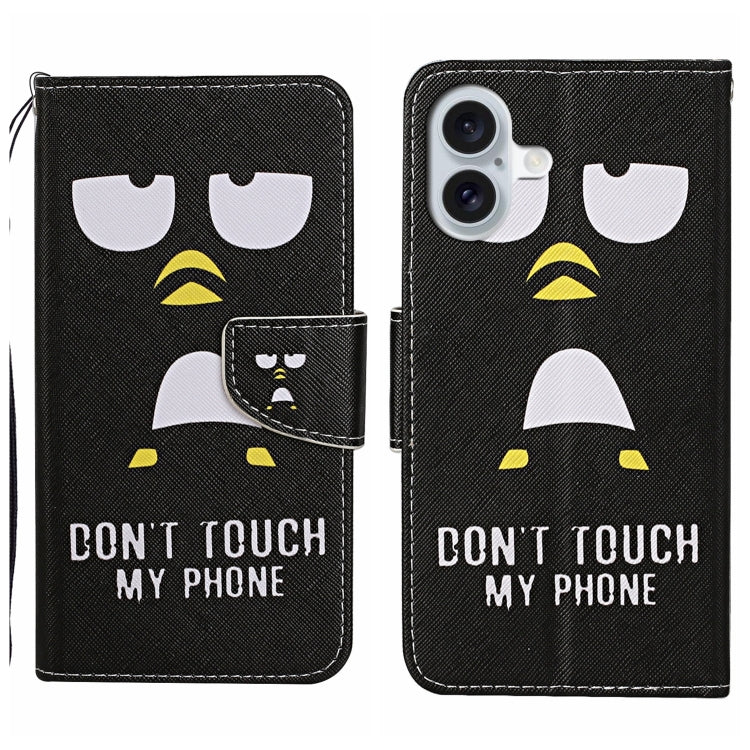 For iPhone 16 3D Colored Drawing Flip Leather Phone Case(Penguins)