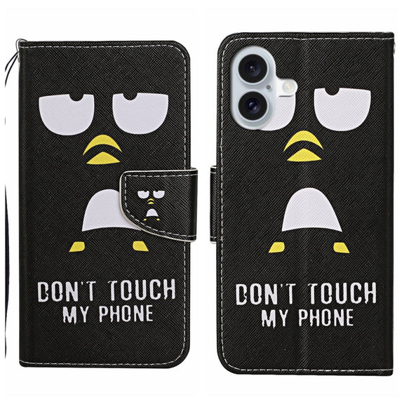 For iPhone 16 3D Colored Drawing Flip Leather Phone Case(Penguins)